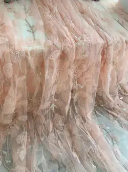 1 Ярд 3D Светло-Розовой Кружевной ткани с цветами и Жемчужными Бисерными Блестками из Марли для Тяжелого Синего Бального платья, Свадебного Платья, Потрясающей Моды