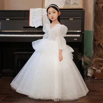 2022 Высококачественное Белое Сетчатое платье в мелкий цветочек, Праздничное Детское платье, одежда Принцессы для девочек, платье для вечеринки, свадьбы, подружки невесты, выпускного вечера