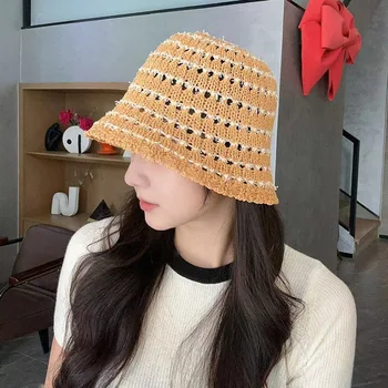 2023, Корейская летняя Соломенная женская Шляпа, Идиллическая Кружевная Полая Универсальная Рыбацкая Кепка, Складные Солнцезащитные шляпы Gorras