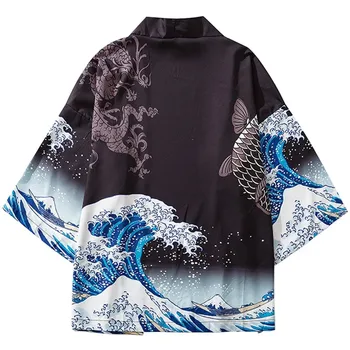 2023 Куртка-кимоно Харадзюку Японский Канагава Великая Волна Хип-Хоп Мужская Уличная Куртка Дракон Рыба Кои Тонкое Платье В Японском Стиле