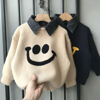 2023 Новый свитер для мальчиков, осенне-зимний поддельный двойка, Повседневный детский свитер с героями мультфильмов, плотная детская зимняя нижняя рубашка