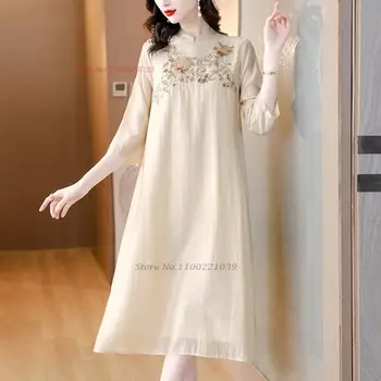 2023 традиционное китайское винтажное ципао, национальная цветочная вышивка, хлопчатобумажное льняное платье, китайское улучшенное восточное платье чонсам