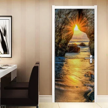 3D Наклейка на дверь, Настенная живопись, Пейзаж с закатом, Фотообои, Водонепроницаемые самоклеящиеся Наклейки на дверь гостиной, спальни