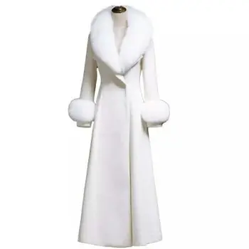  3XL!Белое шерстяное пальто, женское пальто, Корейский осенний меховой воротник, теплое длинное шерстяное пальто, модная зимняя куртка для женщин