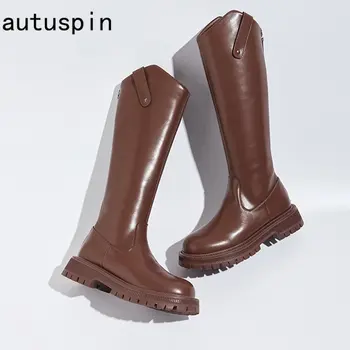 Autuspin/ Женские сапоги до колена, зимние Модные Лаконичные Длинные сапоги, Женская обувь из натуральной кожи на толстом каблуке, Женская обувь в западном стиле