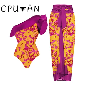 CPUTAN 2023 Новый Комплект бикини с 3D цветами, цельный купальник с рюшами на одно плечо и Саронг, Монокини с винтажным принтом, банный костюм