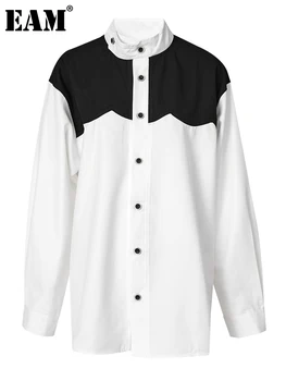 [EAM] Женская Белая Блузка Большого Размера с Цветным блоком, Новая Рубашка Свободного Кроя с Длинным рукавом-стойкой, Модная Рубашка Весна-Осень 2023 1DF8108