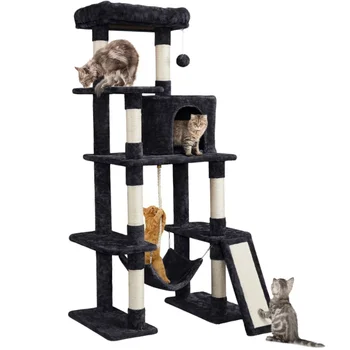 Easyfashion Многоуровневая 63-дюймовая кошачья башня на дереве для кухонь, черная кошачья картонная рама для скалолазания