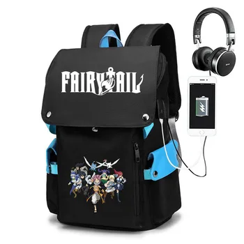 Fairy Tail Школьная сумка для подростков, черная USB-сумка, детский рюкзак, сумка для отдыха, дорожная сумка на открытом воздухе, сумка с мультяшной печатью