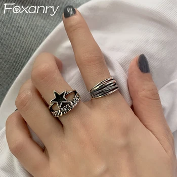 FOXANRY Минималистичные Серебряные кольца с Пентаграммой для женщин, Новые Модные Креативные Полые Геометрические вечерние украшения, подарки