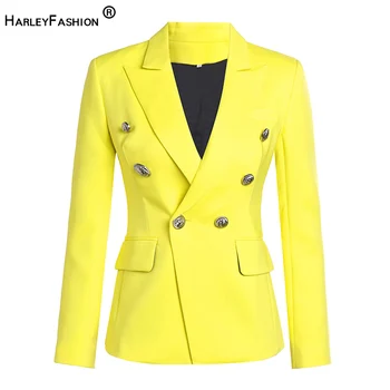HarleyFashion Уличный Стиль, женские Блейзеры Яркого Лимонно-желтого цвета, популярный Качественный тонкий Блейзер Знаменитостей