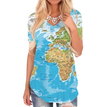 KYKU Футболка с картой мира, Женская футболка с V-образным вырезом 