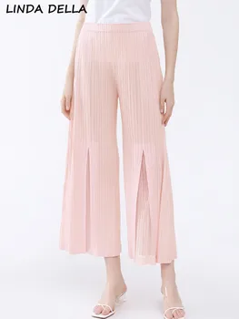 LINDA DELLA, летние модные Дизайнерские Розовые Винтажные Плиссированные брюки, женские прямые брюки с эластичной резинкой на талии, Праздничная вечеринка, Свободные брюки с разрезом