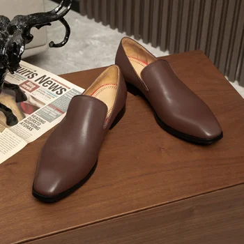 LOUBUTEN/ Коричневые лоферы из натуральной кожи, Высококачественная Роскошная Дизайнерская обувь без шнуровки, Мужская повседневная обувь на плоской подошве, модельные туфли