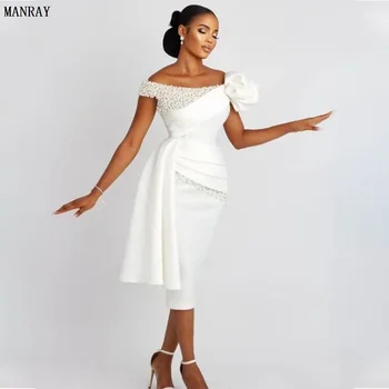 MANRAY Белое свадебное платье-футляр с открытыми плечами, Жемчуг, Роскошное свадебное платье для невесты, Драпированные свадебные платья Чайной длины