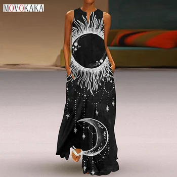 MOVOKAKA Женское весенне-летнее черное длинное платье без рукавов с V-образным вырезом, пляжные платья с принтом Солнца и Луны, Элегантное вечернее платье Макси для женщин
