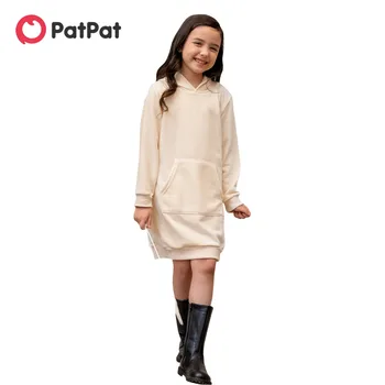PatPat Kid/ Однотонное Платье-толстовка с капюшоном и Длинными рукавами для Девочек
