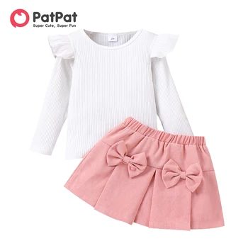 PatPat, комплект из 2 предметов для маленьких девочек, 95% хлопок, топ с длинными рукавами и оборками в рубчик, юбка с бантом