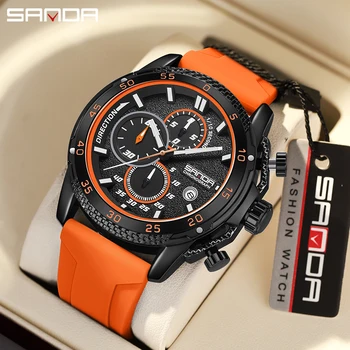 SANDA 5314 Оранжевые спортивные часы для мужчин, модные водонепроницаемые кварцевые наручные часы со светящимся хронографом и силиконовым ремешком с автоматической датой