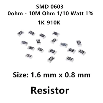 SMD 0603 Резисторы 100 Шт 0 Ом- 10 М Ом 1/10 Вт 1% Высокоточный Пленочный Чип с Фиксированным Сопротивлением 1K 2,2K 10K 300K 220K 4R7 2K2