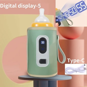 USB-подогреватель для молока и воды, Прогулочная коляска, изолированная сумка, Подогреватель бутылочек для кормления ребенка с цифровым дисплеем для зимнего отдыха на открытом воздухе -Зеленый