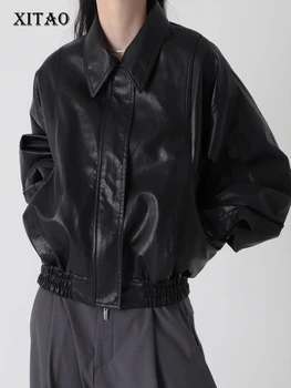 XITAO, однотонное пальто из искусственной кожи, Женский топ, Корея, Осень 2023, Новое поступление, Индивидуальное Модное Свободное Пальто с отложным воротником DMJ2110