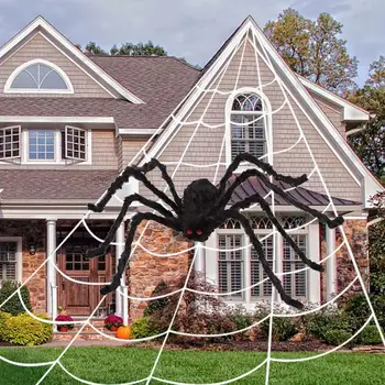 Аксессуары для вечеринки, украшение в виде паука на Хэллоуин, Реалистичный паук с паутиной, внутреннее / наружное украшение на Хэллоуин, дополнительное для придания жуткости