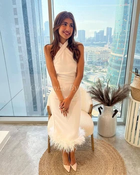 Белые длинные платья русалки для выпускного вечера с перьями на шее длиной до щиколоток, вечерние платья Саудовской Аравии, официальное праздничное платье