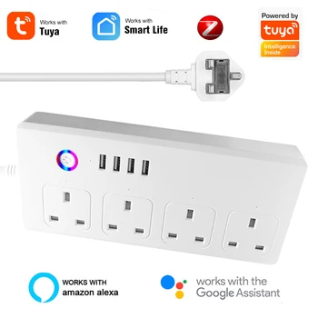 Великобритания WiFi Tuya Smart Power Strip С 4 розетками переменного тока, 4 USB-портами, голосовое управление синхронизацией, приложение Smart Life Работает с Google Assistant Alexa