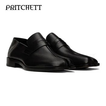 Верхний слой из воловьей кожи, черные кожаные туфли с раздельным носком, Кожаные туфли без застежки с квадратным корнем, деловая мужская официальная обувь