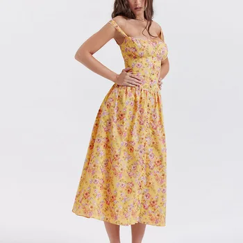 Весенне-летнее Новое женское платье с цветочным принтом на бретелях, Длинное платье