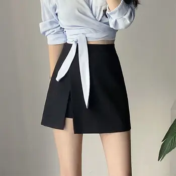 Весенне-летняя Женская эластичная юбка с высокой талией и поясом, мини-юбка из искусственной кожи Трапециевидной формы, Модные винтажные женские офисные черные однотонные юбки