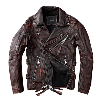 Винтажная коричневая мотоциклетная кожаная куртка, мужская куртка из натуральной коровьей кожи, осеннее приталенное мотоциклетное пальто на молнии