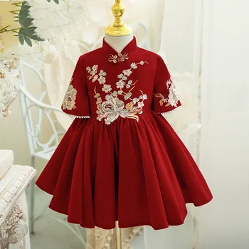 Годовалое платье винно-красного цвета для мальчика с цветочным узором в иностранном стиле, высококачественное платье принцессы для девочки на 100 дней