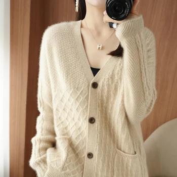 Горячая распродажа, осенне-зимний новый свитер-кардиган из 100% чистой шерсти, женский однотонный свободный плотный модный женский трикотаж с длинным рукавом