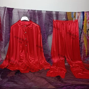 Двусторонняя глянцевая атласная пижама, комплект из двух предметов, женский шелковый свободный топ для сна большого размера, брюки
