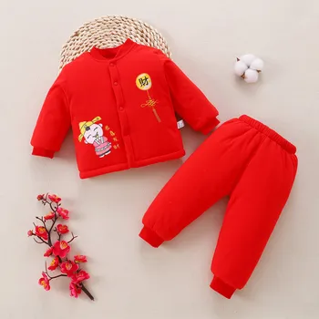 Детская зимняя куртка из 2 предметов, Хлопковые брюки в китайском стиле, модный красный комплект одежды для детей, Праздничный новогодний теплый топ и брюки
