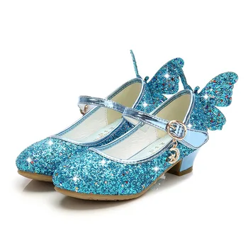 Детская обувь для девочек, танцевальные туфли с украшением в виде кристаллов, Синий бант, Обувь Принцессы на высоком каблуке с блестками для девочек, 2022, нескользящий