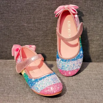 Детская обувь Обувь принцессы для девочек мягкая подошва блестящая кожа бриллианты радужная обувь принцессы с кристаллами для девочек