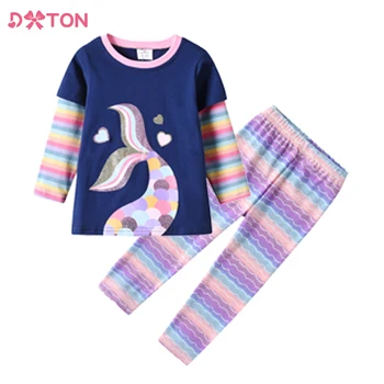 Детская одежда DXTON для девочек на весну-осень с рисунком русалки, хлопковые повседневные топы, футболки и эластичные брюки, комплекты верхней одежды