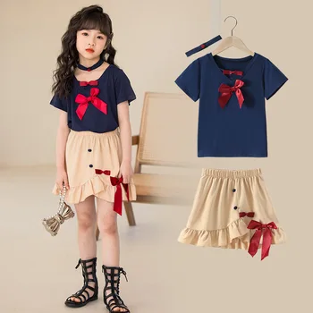 Детский комплект для девочек среднего и большого размера, Летняя новинка 2023, корейская юбка с бантом, два предмета, короткий рукав  