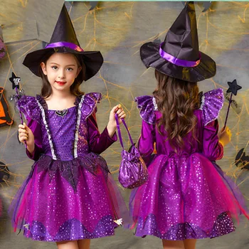 Детский костюм Ведьмы, платье для Косплея на Хэллоуин, Блестящее платье Принцессы со шляпой для девочек, Маскарадная, Карнавальная одежда для вечеринки