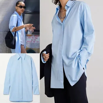 Женская рубашка TheR0w, весенне-летняя новинка, синий хлопковый поплин, Свободная и простая рубашка средней длины в ленивом стиле