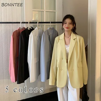 Женские блейзеры M-4XL 5 цветов, однотонные повседневные Свободные нежные офисные женские весенние универсальные базовые модные пиджаки в корейском стиле