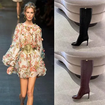 Женские осенне-зимние новые брендовые женские кожаные ботинки большого размера, модные сапоги на грубом высоком каблуке, сапоги для показа мод