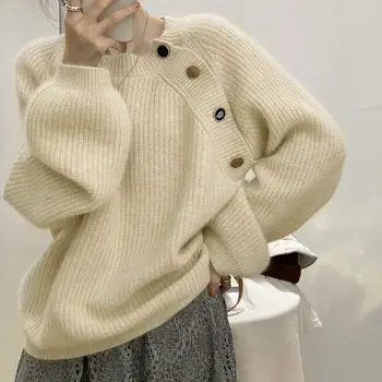 Женский осенне-зимний вязаный свитер в японском стиле, ретро, Свободный Пуловер с напуском, Дизайн с длинным рукавом, диагональный топ на пуговицах