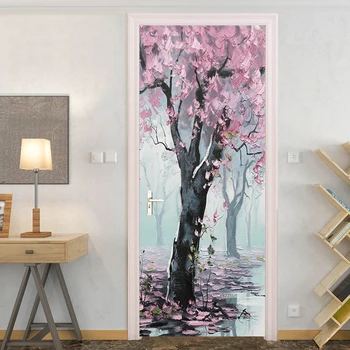 Картина маслом Стиль 3D Вишневый Цветок Дерево Фотообои Наклейка для Двери Спальня Гостиная ПВХ Самоклеящиеся Обои Водонепроницаемый