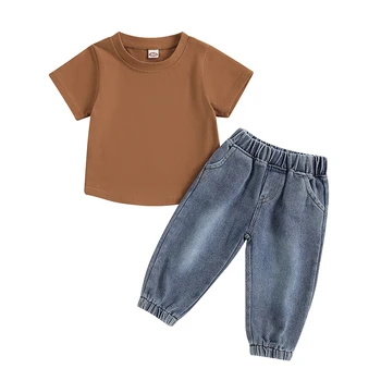 Комплекты из 2 предметов, футболки и брюк для маленьких мальчиков, однотонные топы с короткими рукавами и синие джинсы, комплекты летней одежды