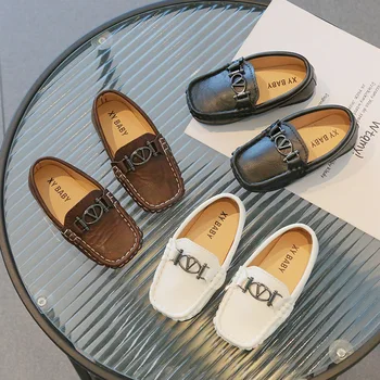 Корейская модная повседневная детская кожаная обувь для мальчиков, нескользящие тонкие туфли с мягкой подошвой, Весна-осень 2023, Новая британская детская обувь
