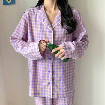 Корейский Фиолетовый Сетчатый Пижамный комплект для девочек, Милая Зимняя Пижама для Отдыха с Длинным рукавом для Женщин, Свободная Ночная Одежда, Домашний Костюм